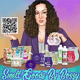 Woman advertising Smell Goods by Bossy bath and body products with QR code on a purple background