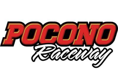 Pocono Raceway logo in red, black, and white script text