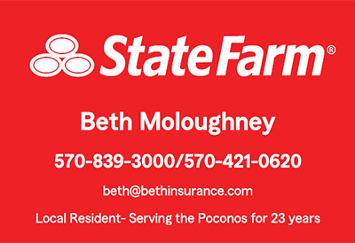State Farm ad with Beth Moloughney, phone numbers, email, and “Local Resident” tagline on red background