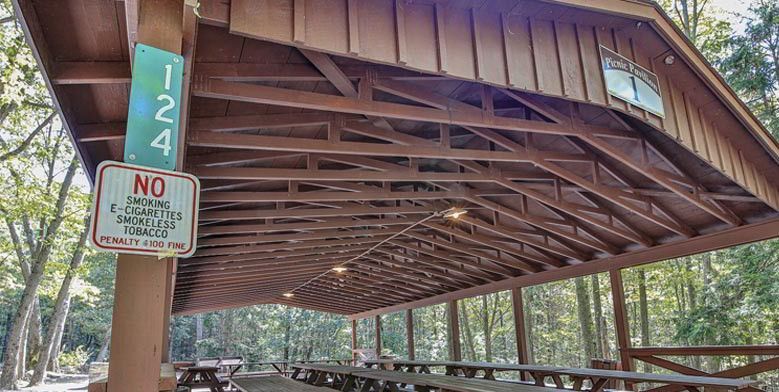Wooden shelter with picnic tables, a green sign for 124, and a