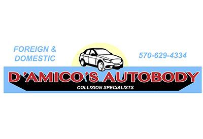 D’Amico’s Autobody logo with car, “Foreign & Domestic,” phone number, and “Collision Specialists” on blue banner