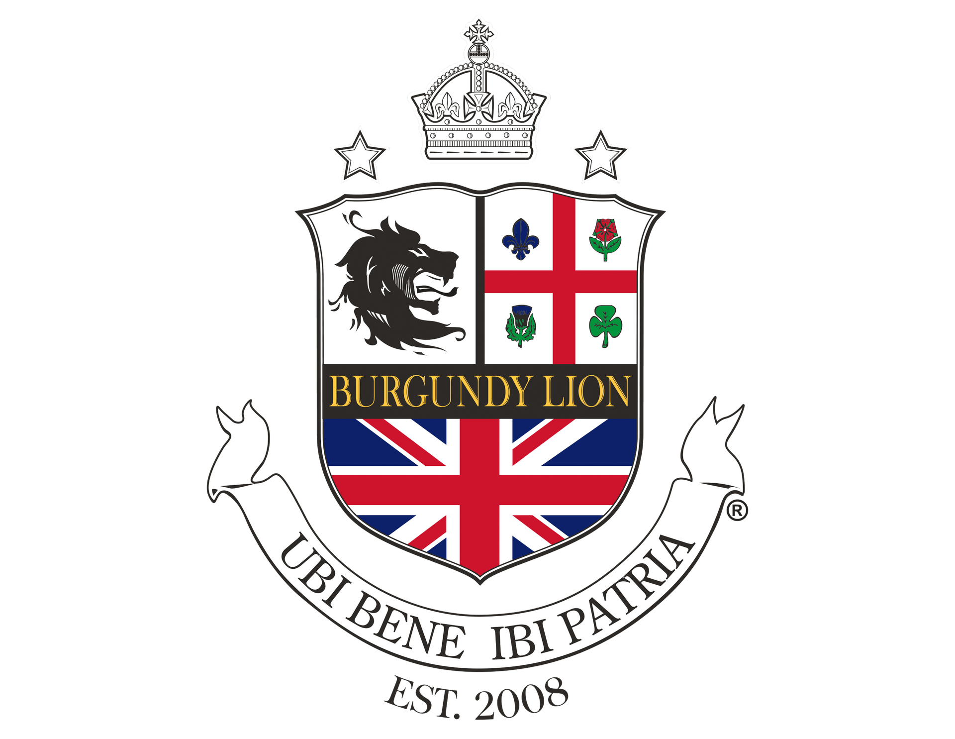 Blason du lion de Bourgogne avec écusson, Union Jack, couronne et inscription sur ruban « Libbene Ibi Patria », « Est 2008 ».