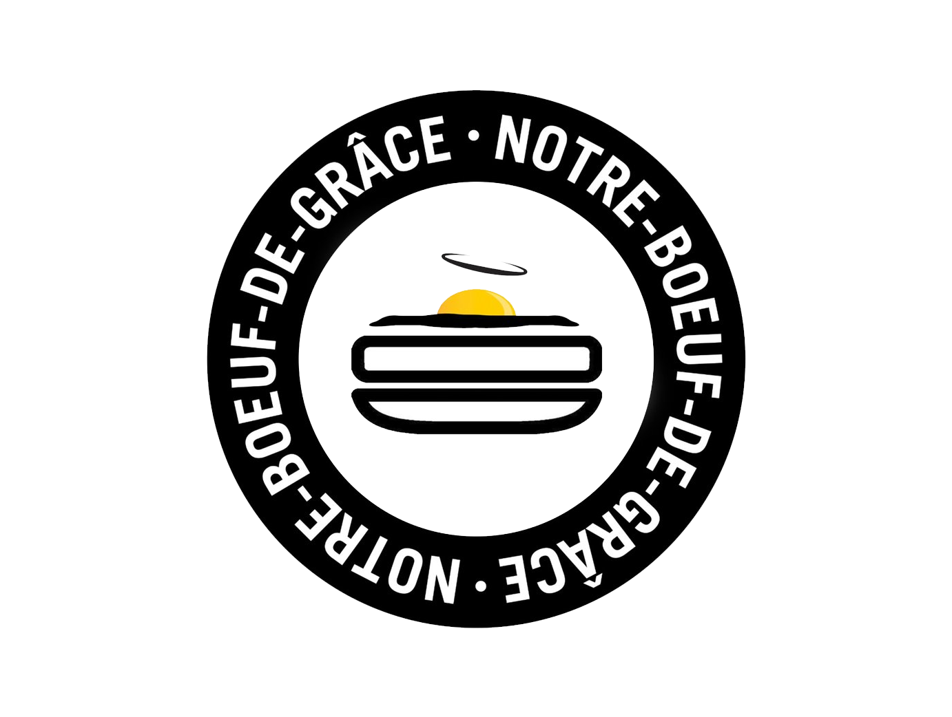 Logo rond en noir et blanc d'un hamburger avec l'inscription « Notre Bœuf de Grâce » et une icône de hamburger au centre.