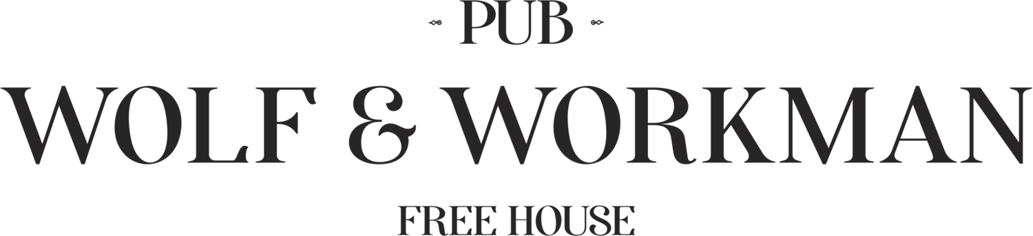 Logo en noir et blanc indiquant « WOLF & WORKMAN », avec « PUB » au-dessus et « FREE HOUSE » en dessous.