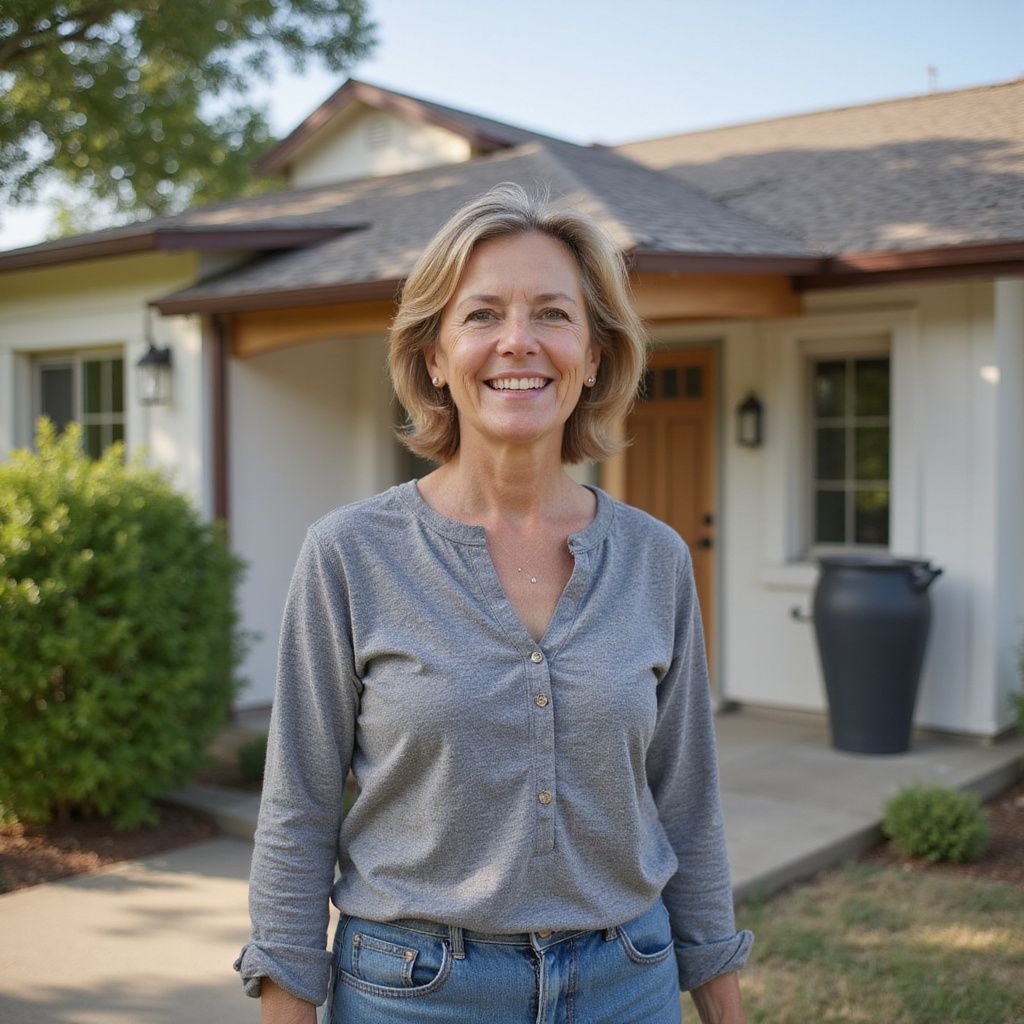 Smiling person standing outside a house in a gray shirt and jeans