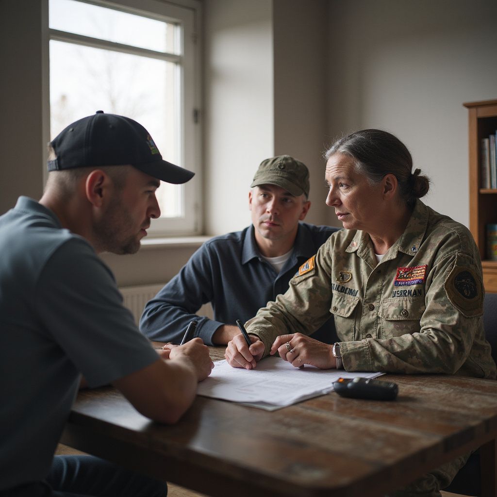 Three people in military-style clothing discuss papers at a table by a window.