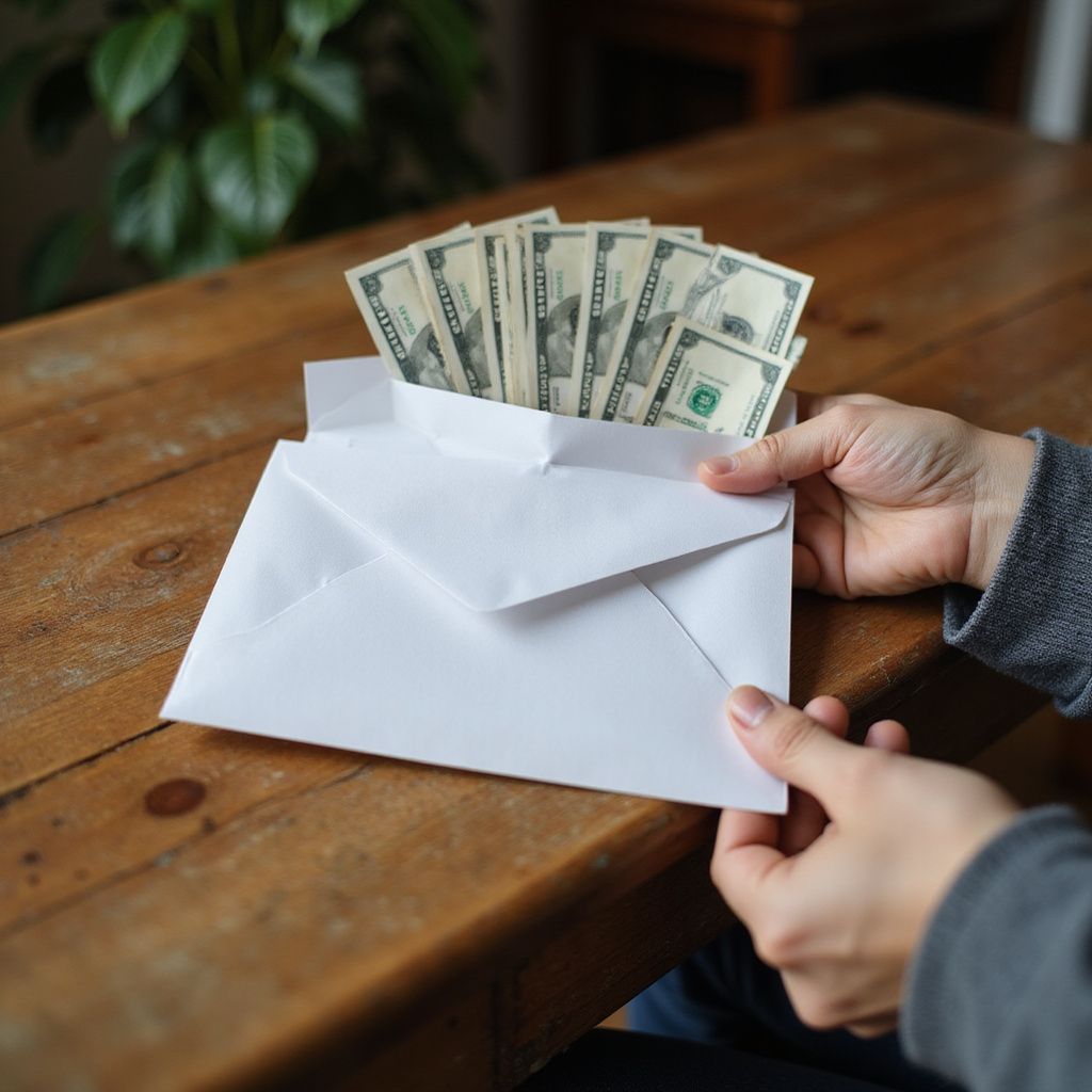 Hands placing cash into a white envelope on a wooden table