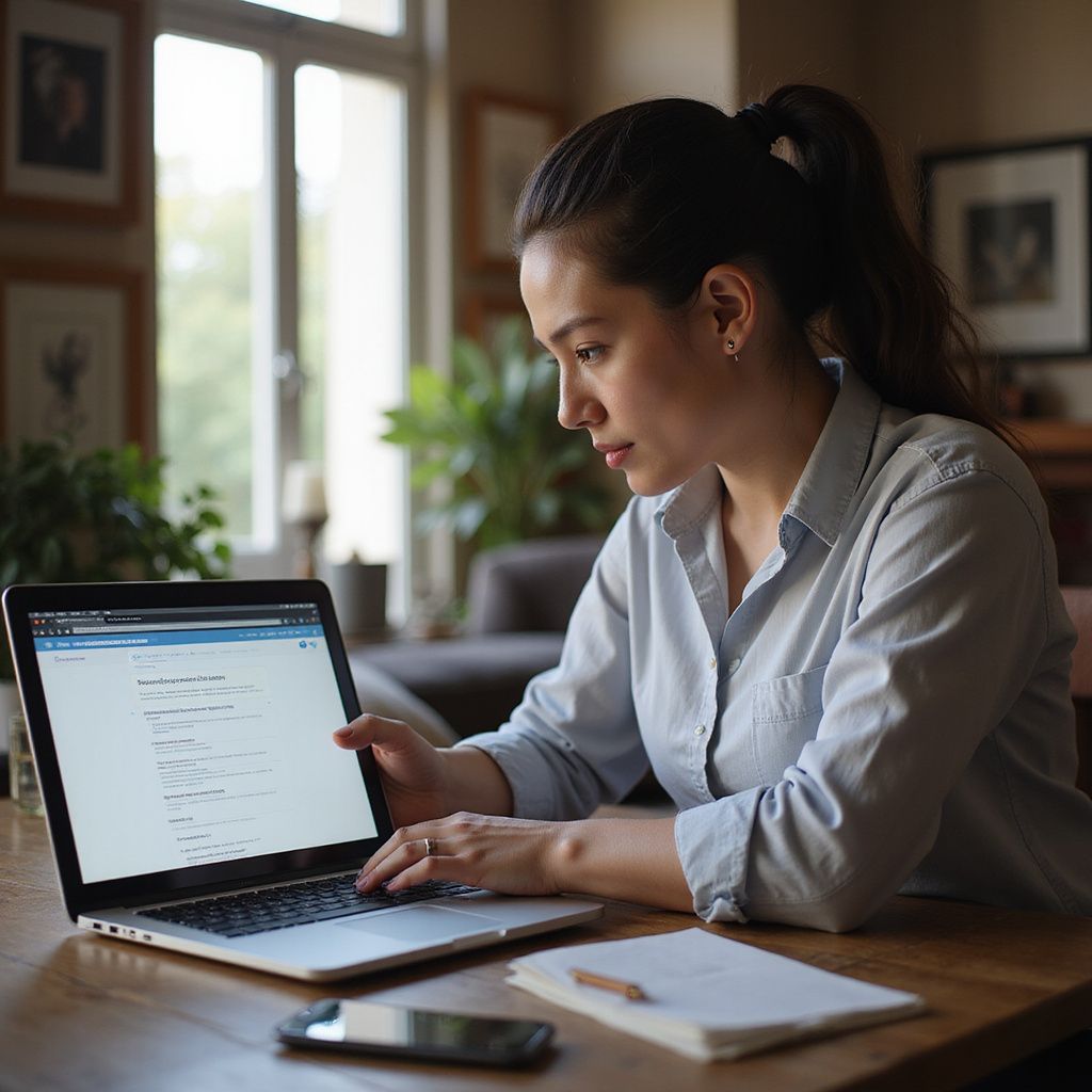 Woman working on a laptop at a desk in a sunlit home office, with a notebook and phone nearby