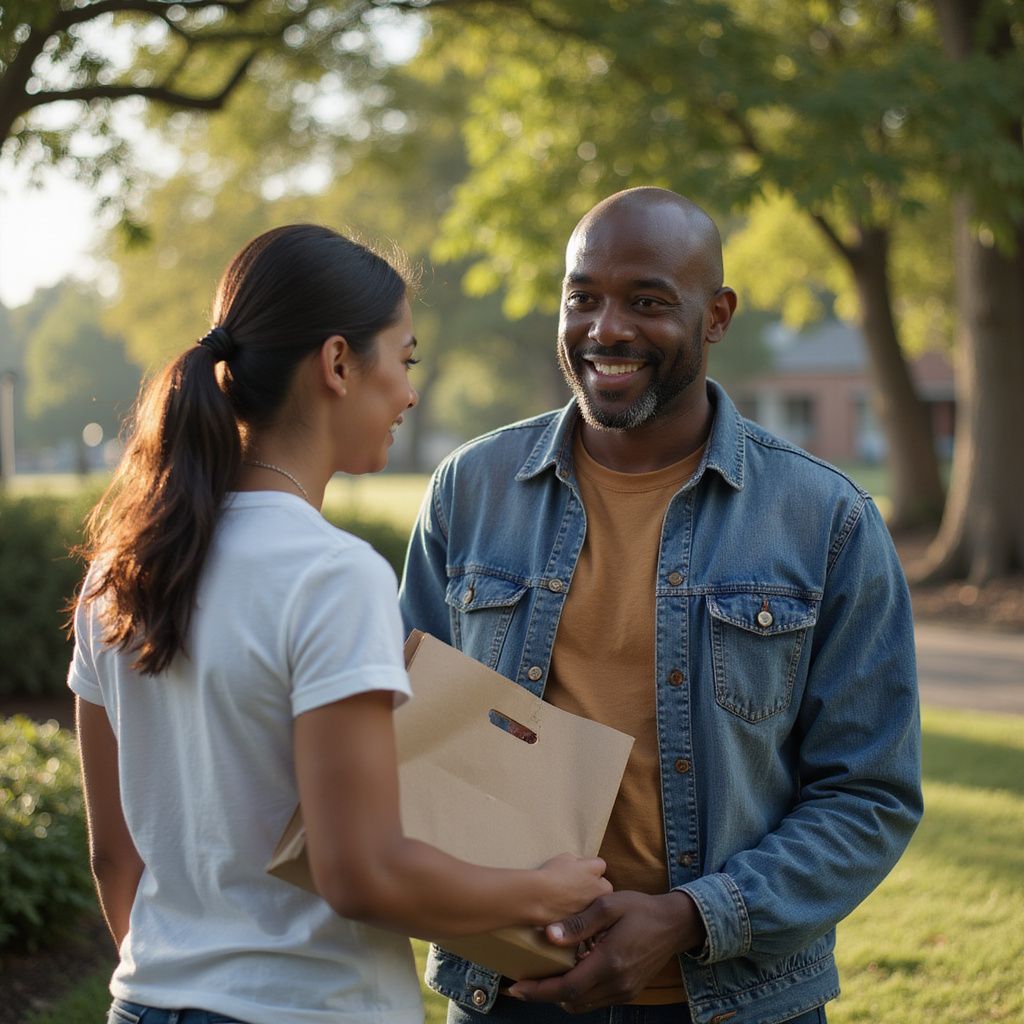 Two people smiling outdoors, holding a folder in a sunny park.