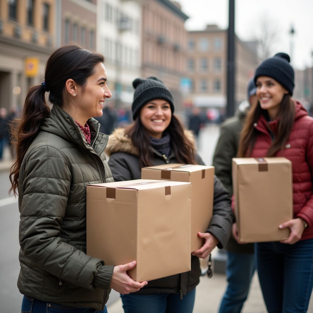 Three people in winter clothes carrying cardboard boxes outdoors on a city street