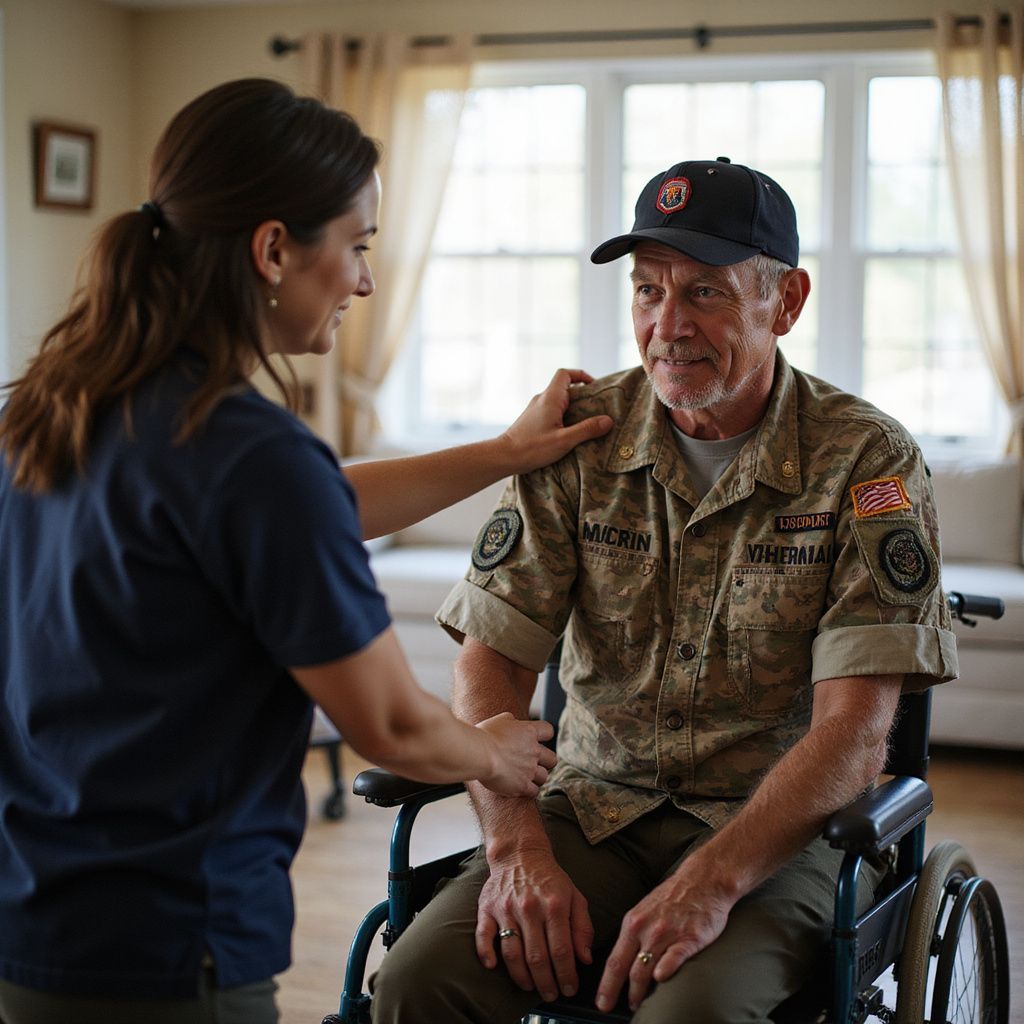 Caretaker comforting a veteran in a wheelchair by a sunlit window