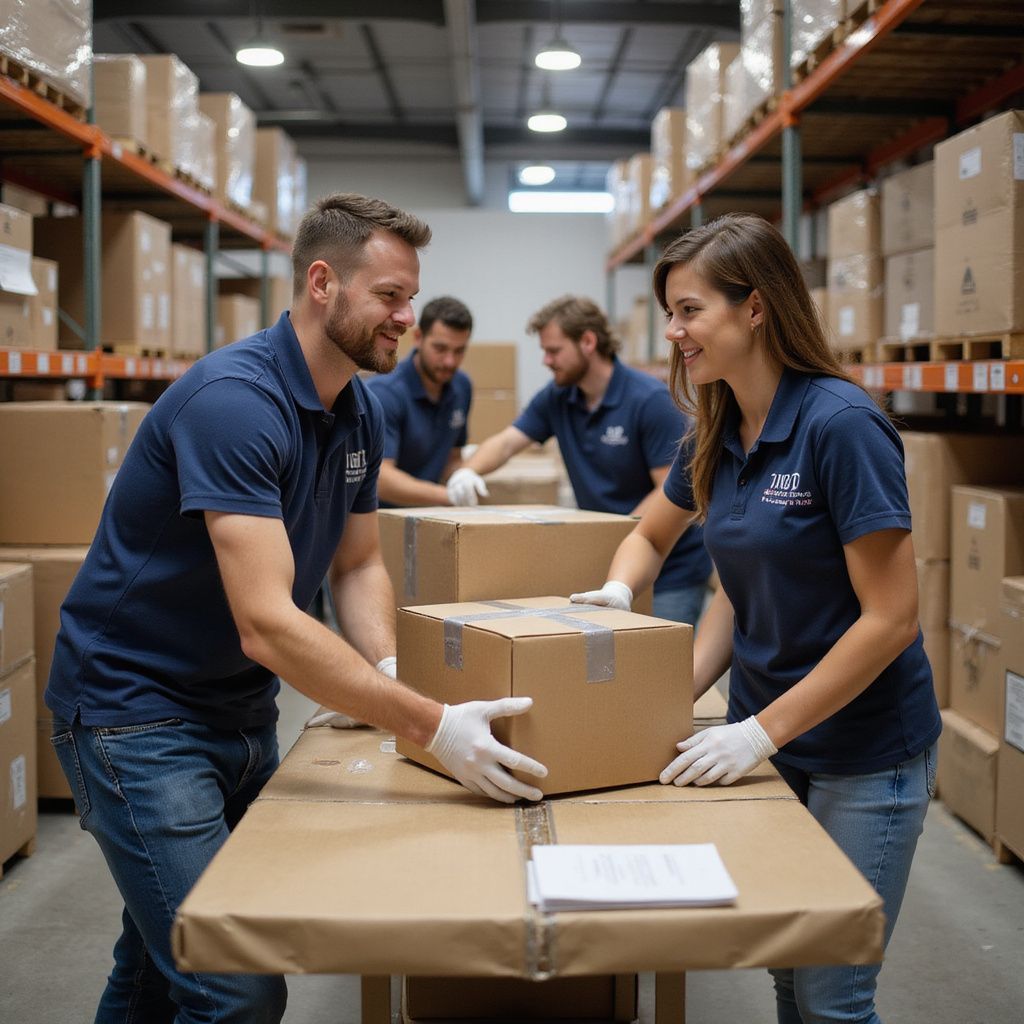 Workers in blue polos packing boxes in a warehouse aisle