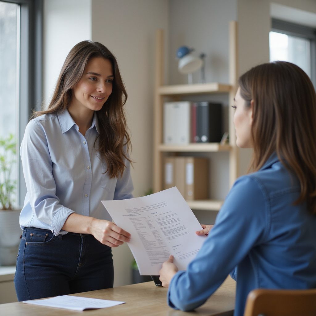 Two women in an office discussing a document, one standing and smiling while the other sits at a desk.
