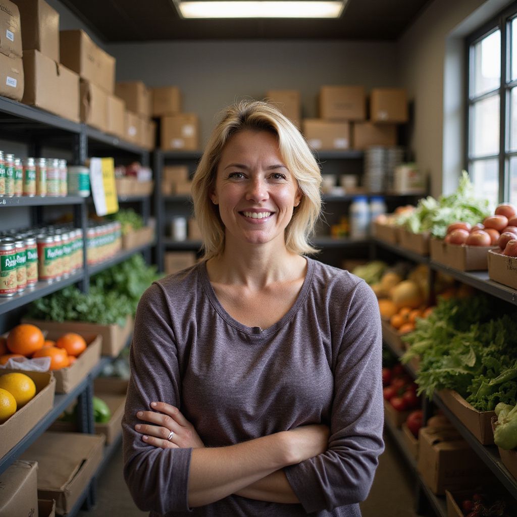 Smiling shop owner stands in a produce aisle with arms crossed, shelves of fruits and vegetables behind her.