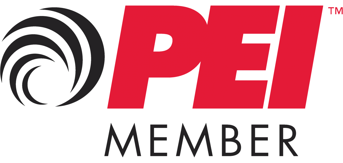 A red and black logo for PEI member on a gray background. A red and black logo for PEI member on a gray background.