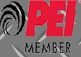 A red and black logo for PEI member on a gray background. A red and black logo for PEI member on a gray background.