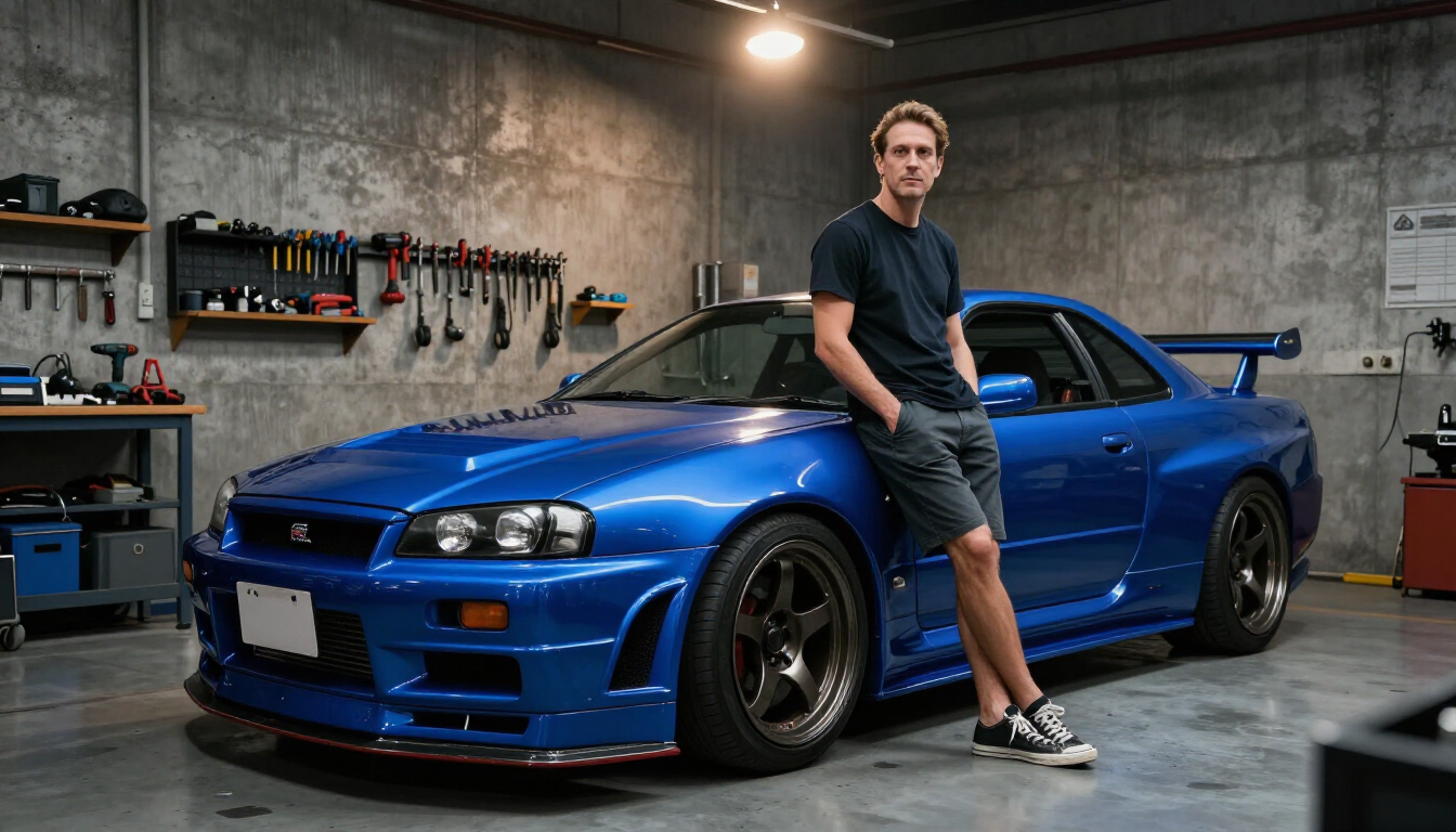 Founder with R34 Skyline GT-R in Japanese workshop