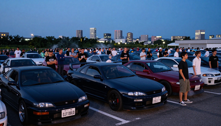 Daikoku PA at dusk with JDM car meet