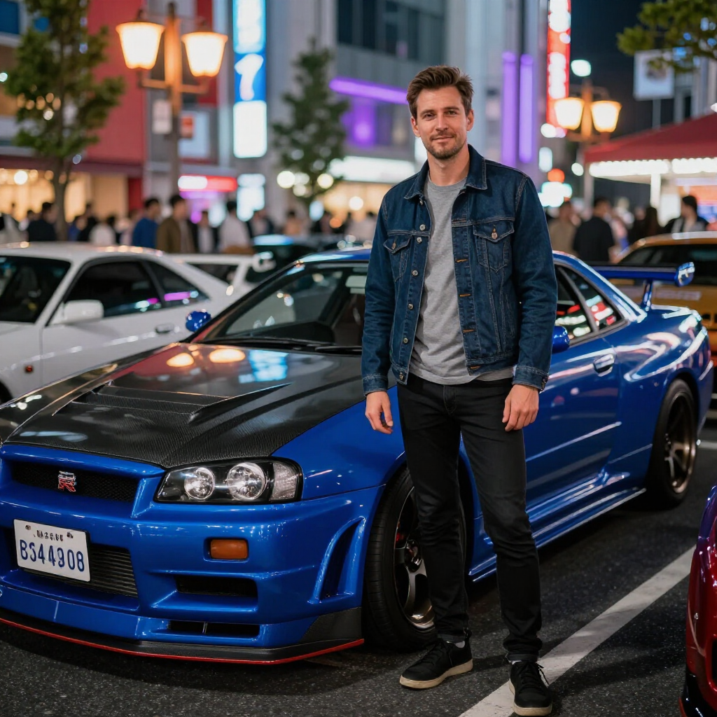 Insider member beside an R34 GT-R