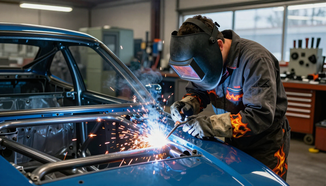 Builder welding roll cage in S13