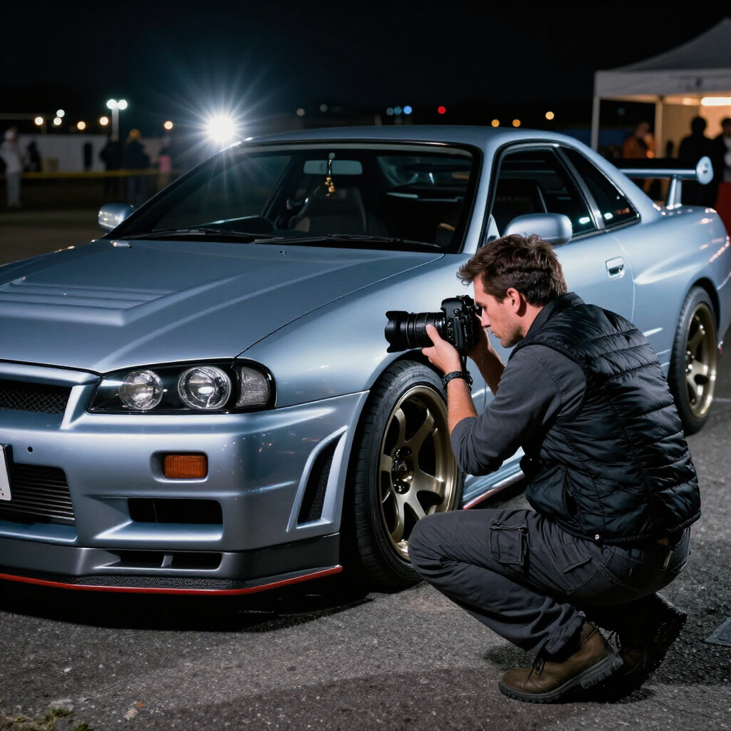 Film crew photographing Skyline GT-R at night event
