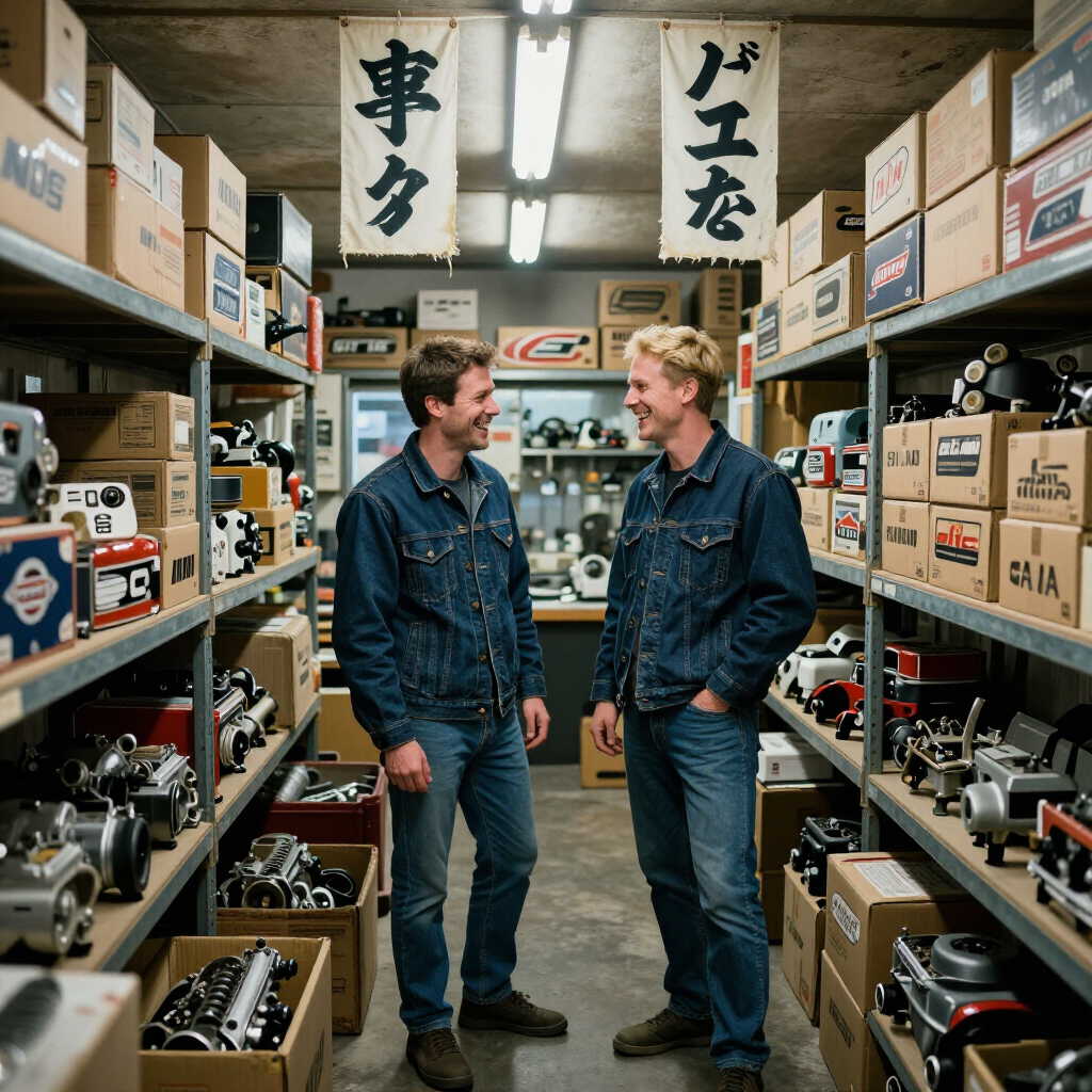 Members inside JDM parts shop with vintage NOS boxes