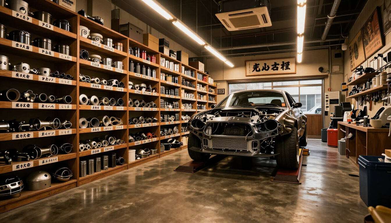 Tokyo tuning shop interior with workshop lift and parts shelves
