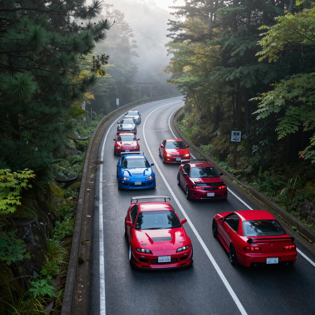 Caravan of modified JDM cars on mountain road in morning mist