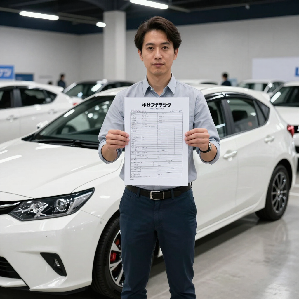 Member reviewing auction sheet at Japanese car auction house