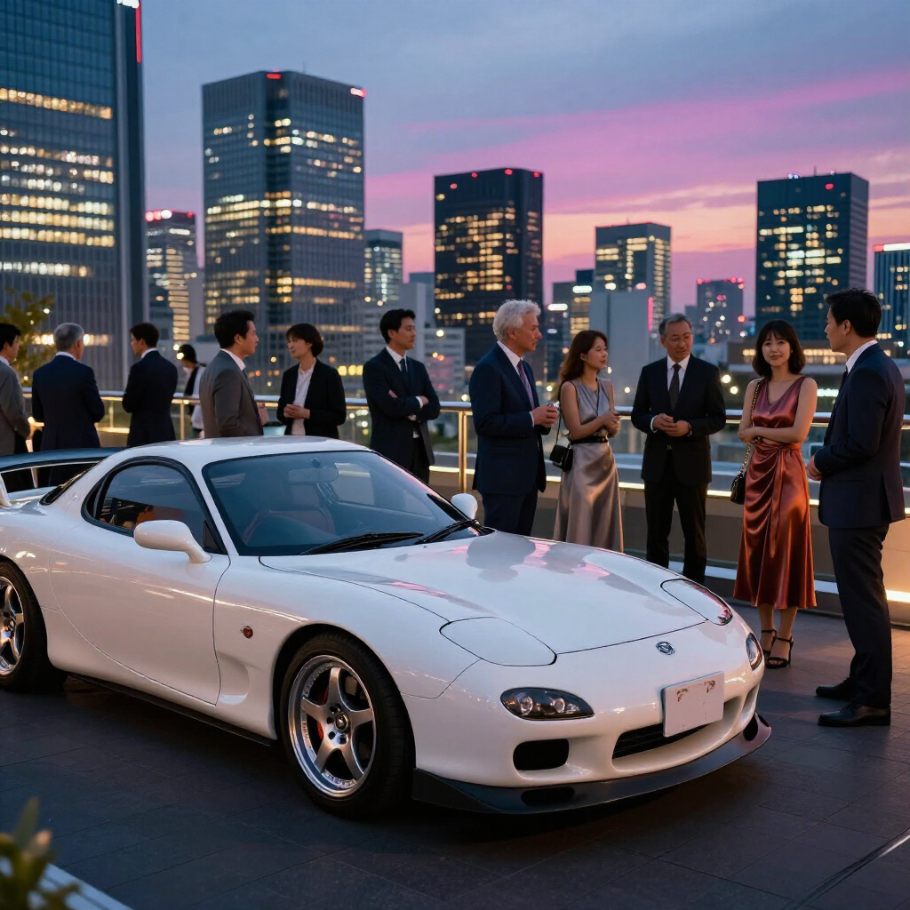 Private event around FD RX-7 with Tokyo skyline at dusk