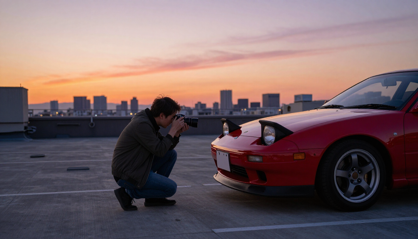 Photographer beside JDM car at sunset rooftop