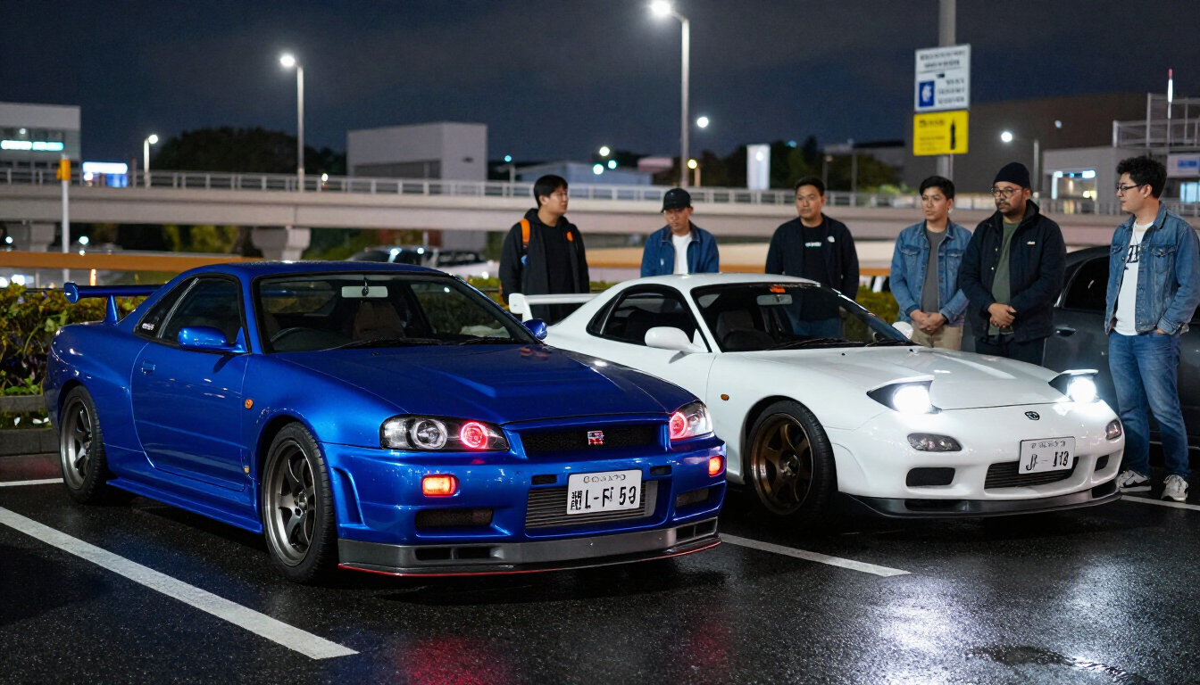 Daikoku PA at night with GT-R and RX-7
