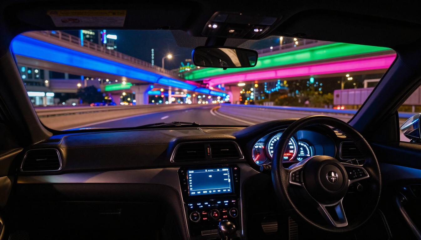 Night cruise cockpit view on Tokyo expressway