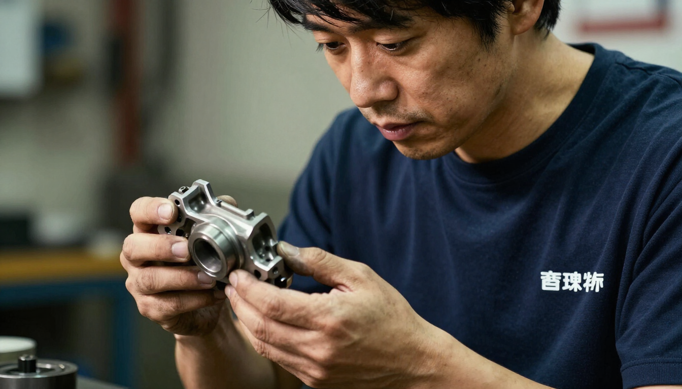 Japanese builder examining engine part