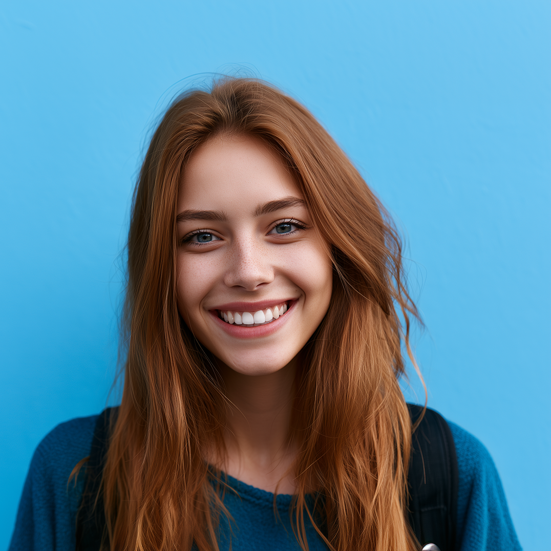Smiling woman with long red hair against a blue background