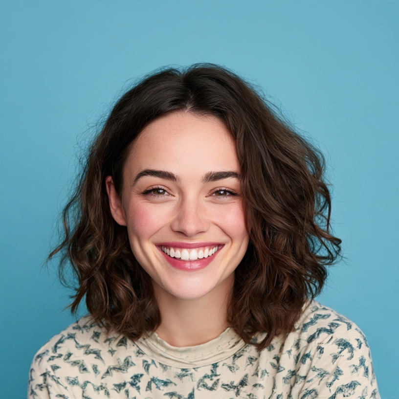 Smiling person with wavy dark hair against a blue background, wearing a cream patterned top