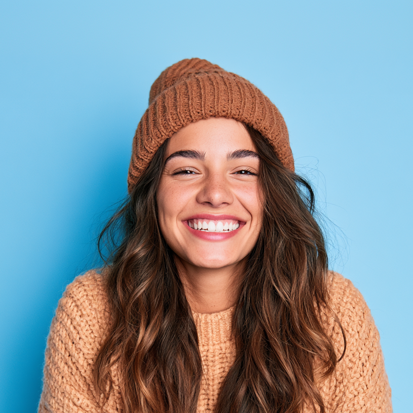 Smiling person in a brown knit hat and sweater against a blue background