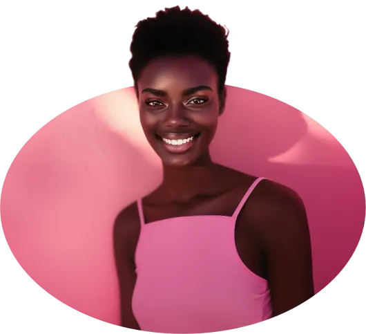 A woman in a pink tank top is smiling in a pink circle