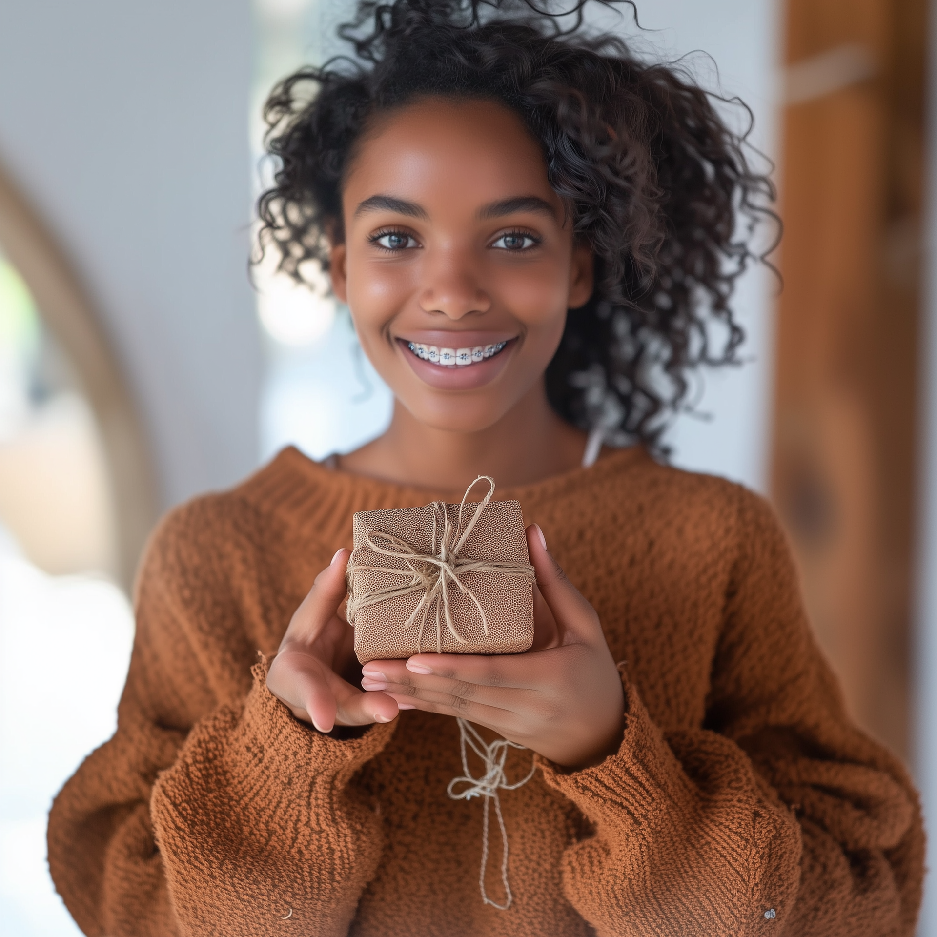 Person holding a small wrapped gift, smiling. She's wearing a brown sweater, with braces.
