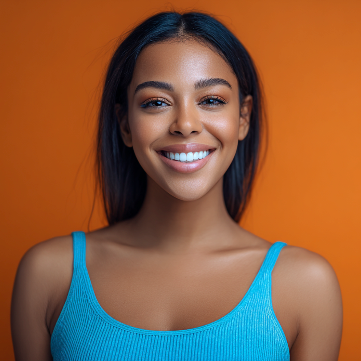 Woman with dark hair and a bright smile, wearing a blue tank top, orange background.