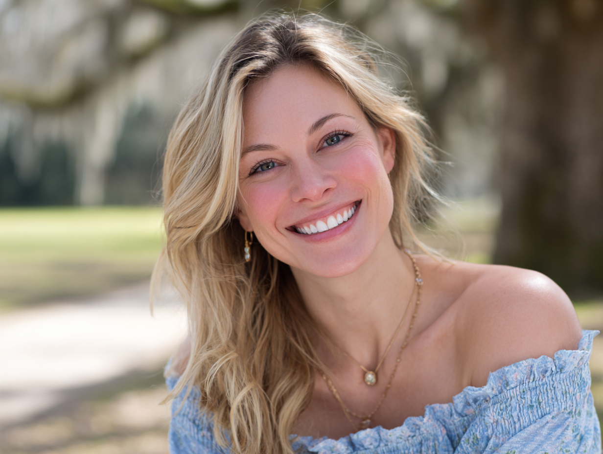 Smiling woman in a light blue off-shoulder top outdoors on a sunny path