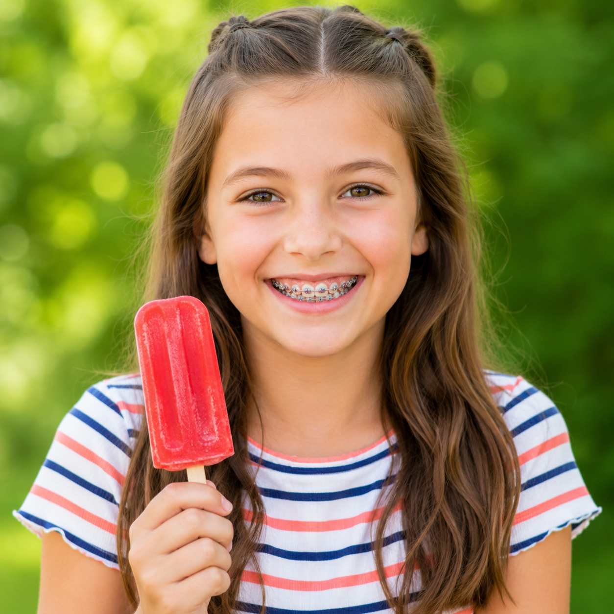 Smiling child holding a red popsicle outdoors, with a leafy green background