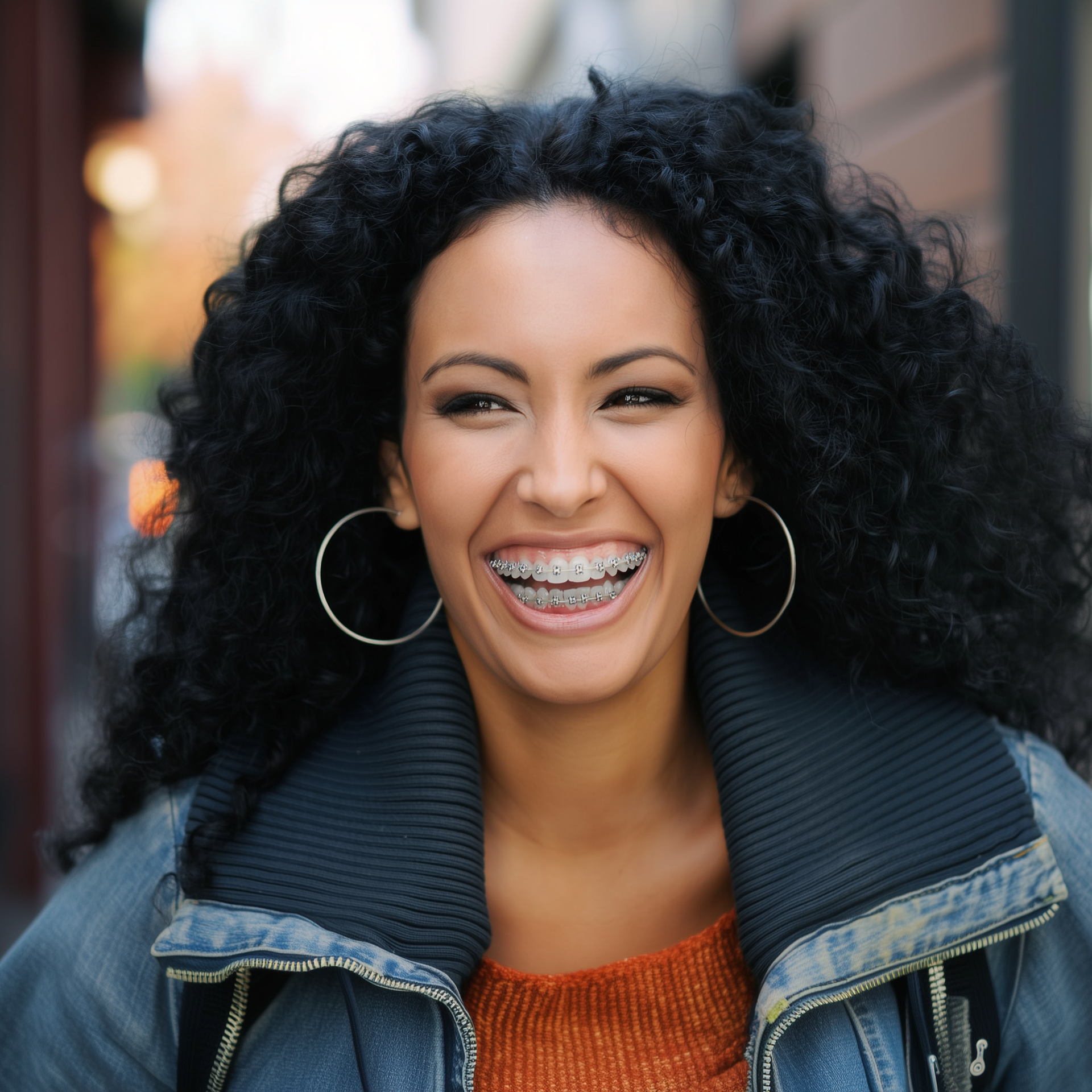 A smiling person with long dark curly hair, wearing large hoop earrings and a denim jacket over an orange top.