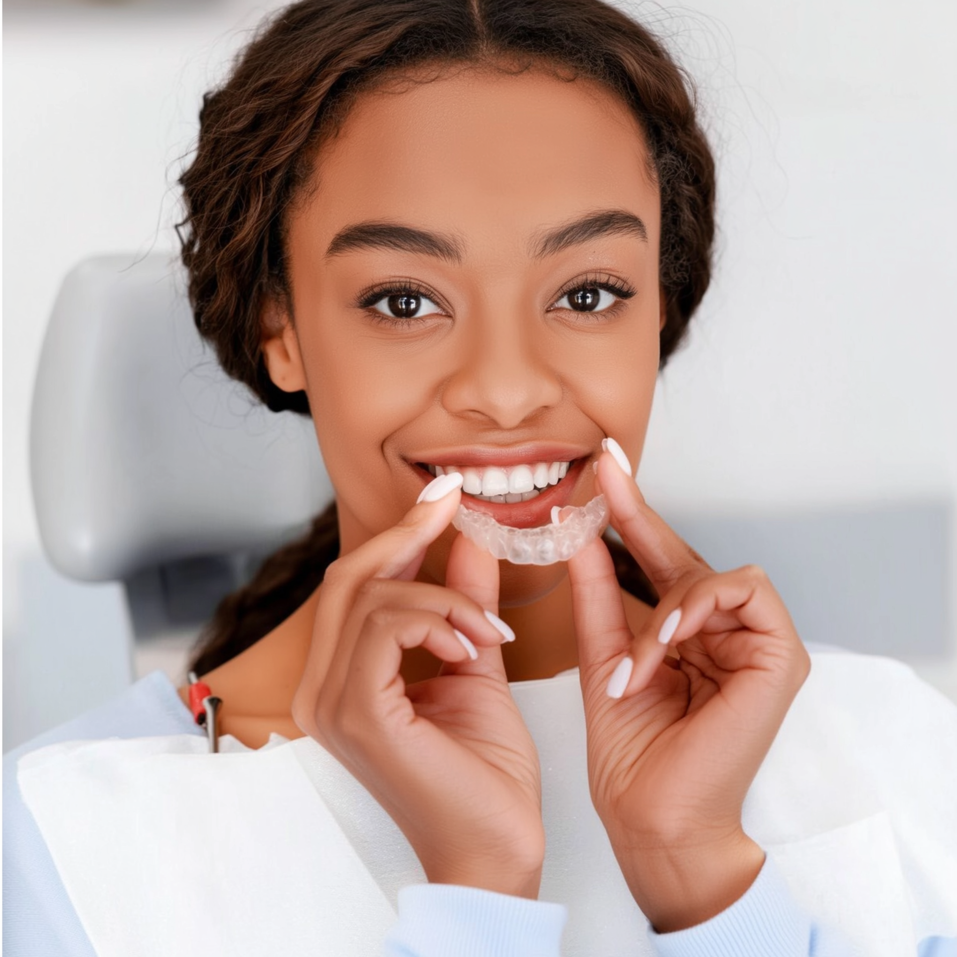 Person holding clear dental aligner and smiling in a bright clinic