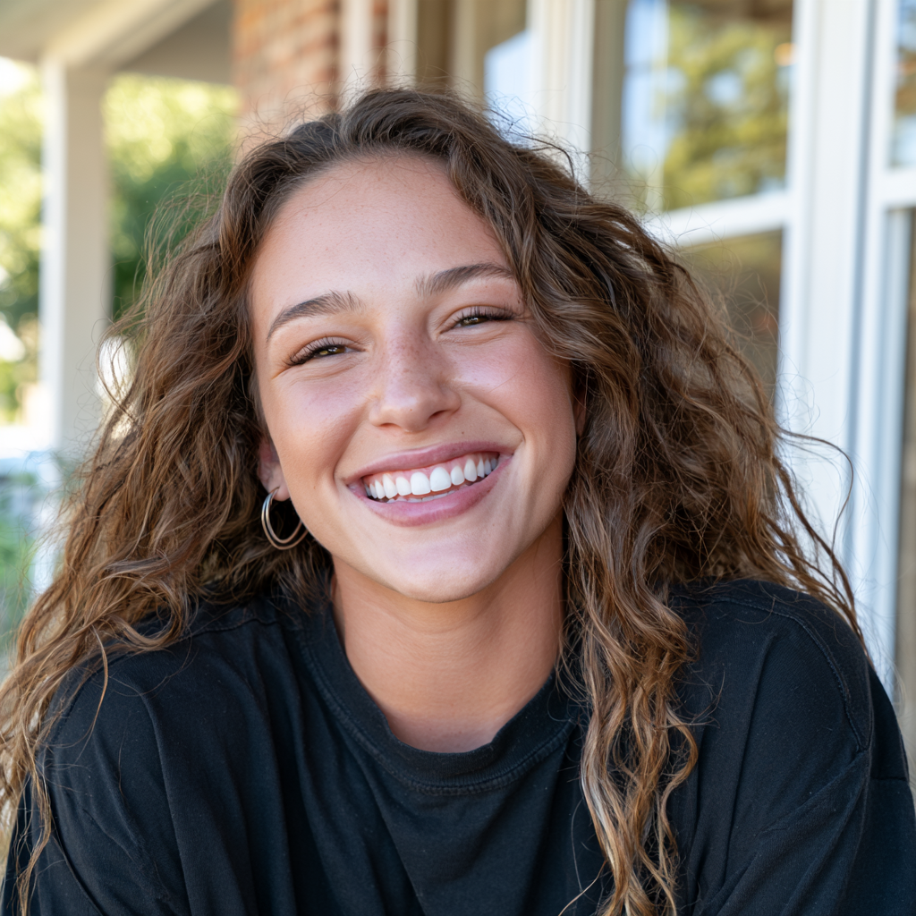 Smiling person with curly hair in a black shirt, seated outdoors in a sunlit patio area.