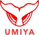 Red whale tail logo with the word “UMIYA” in red below it.