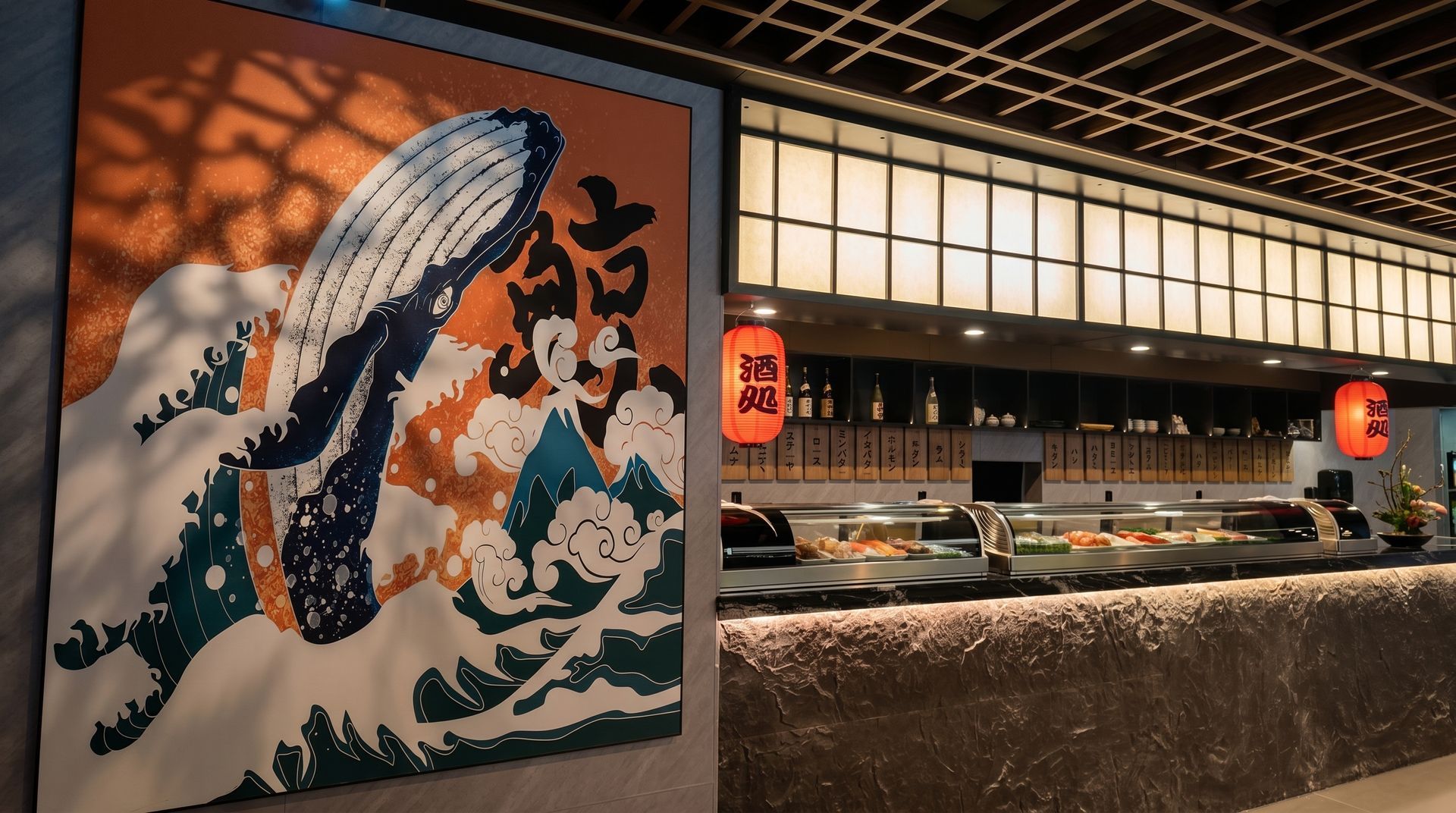 Japanese restaurant interior with a wave mural, sushi counter, warm lanterns, and lattice ceiling lighting