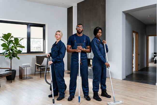 Three cleaning staff in blue coveralls inside a bright modern home, holding mop, vacuum, and cleaning tool.