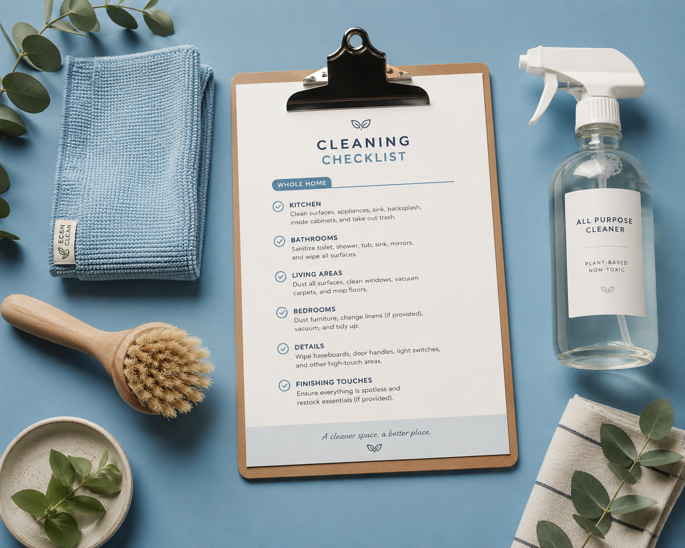 Cleaning checklist on clipboard with spray bottle, brush, towels, and leaves on a blue surface.
