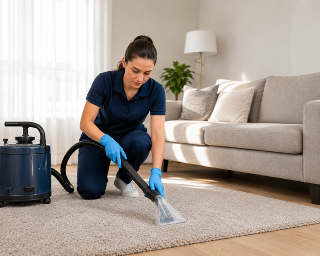 Woman vacuuming a beige rug in a living room with a sofa and lamp